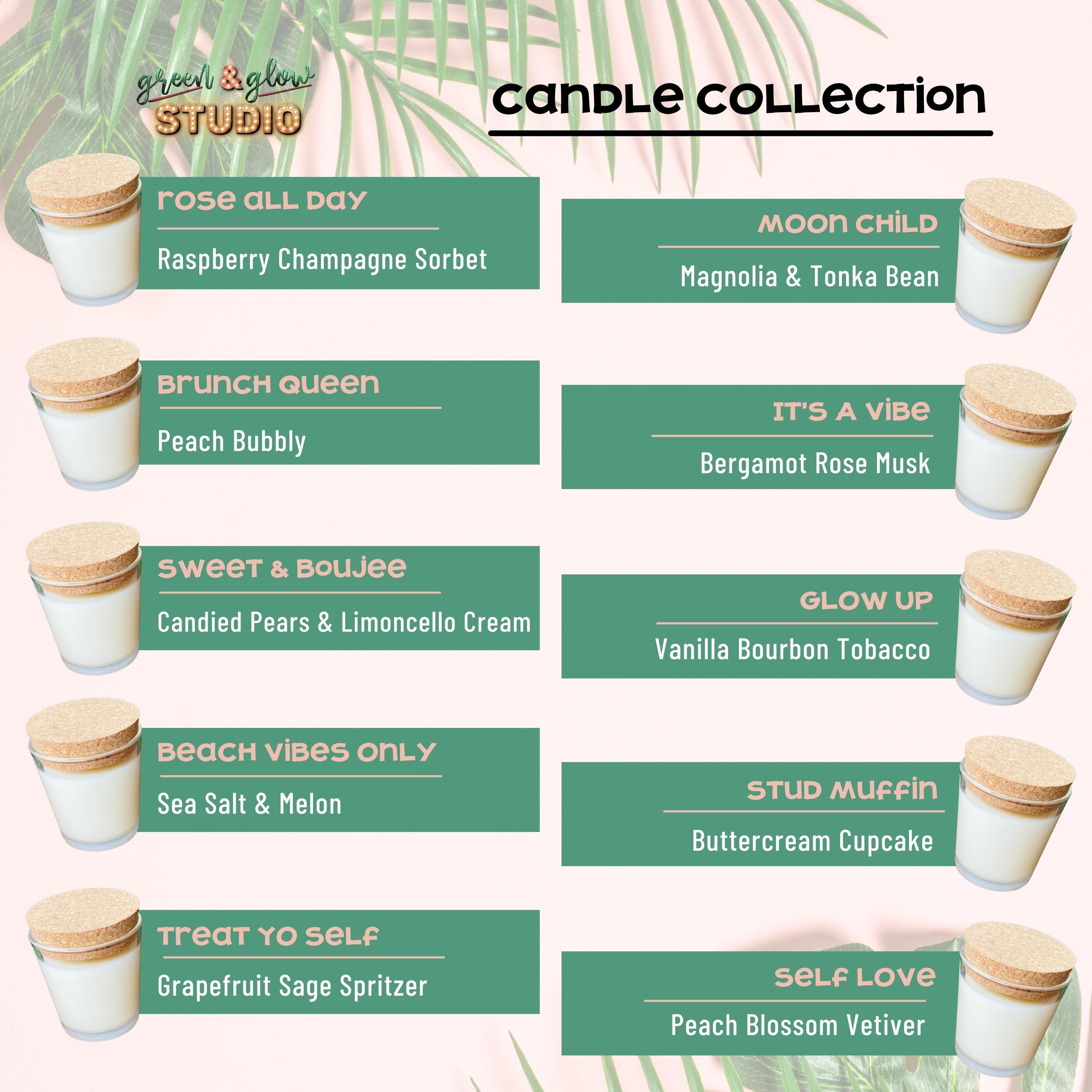 Candle collection list from Green and Glow Studio. List of 10 candle scents in green boxes. Text is pink and white. There are candle icons with cork lids next to each box. The background is pink with green palm leaves. 