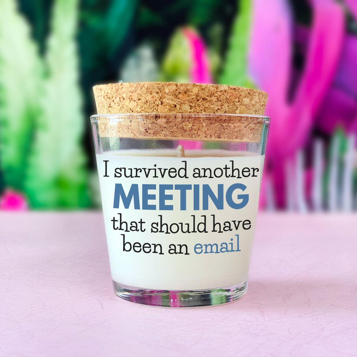 Coworker I Survived Another Meeting Coconut Wax Scented Candle with Cork Lid